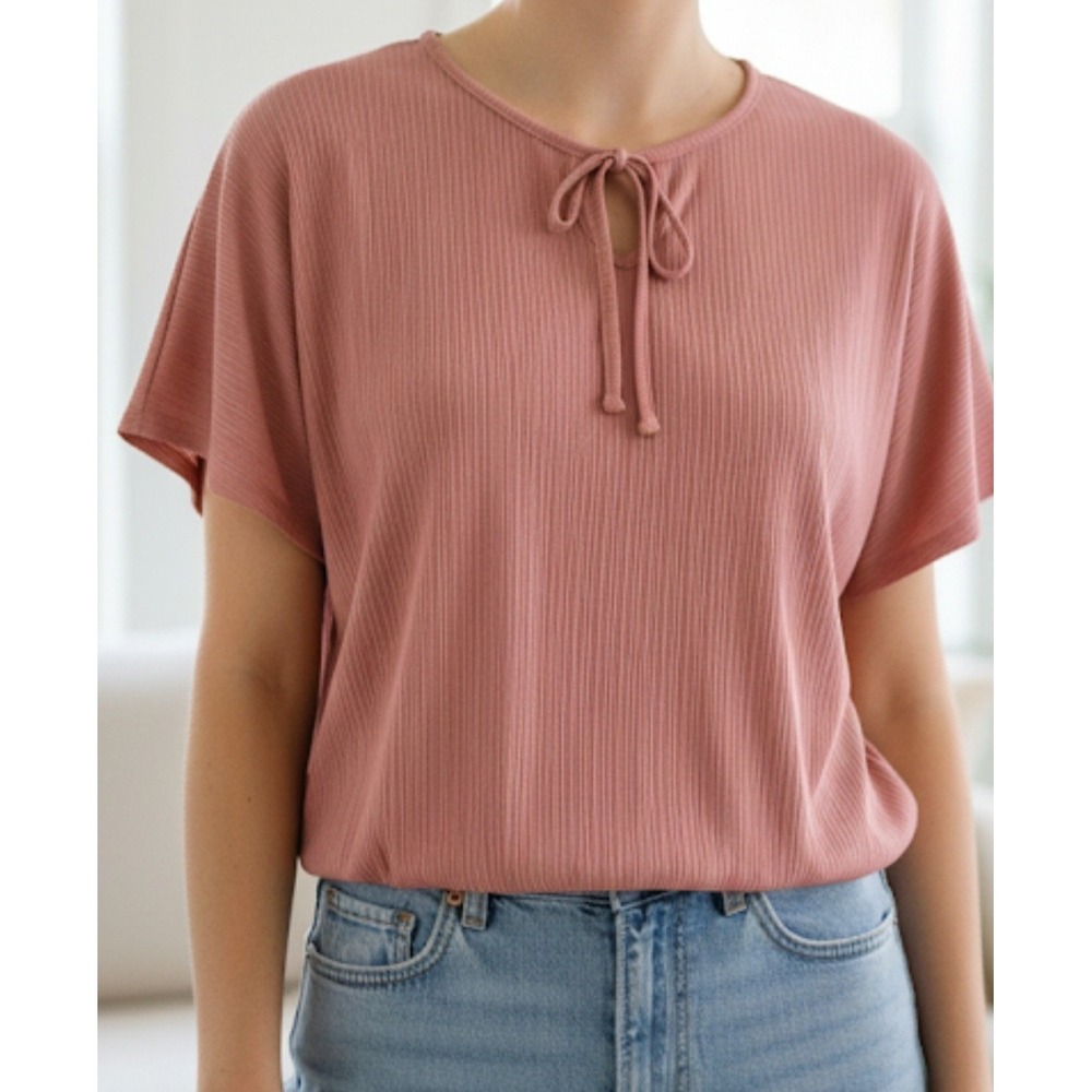 Adrienne Vittadini Women Fashion Round Neck Lace-Up Short Sleeve Solid Color SzL